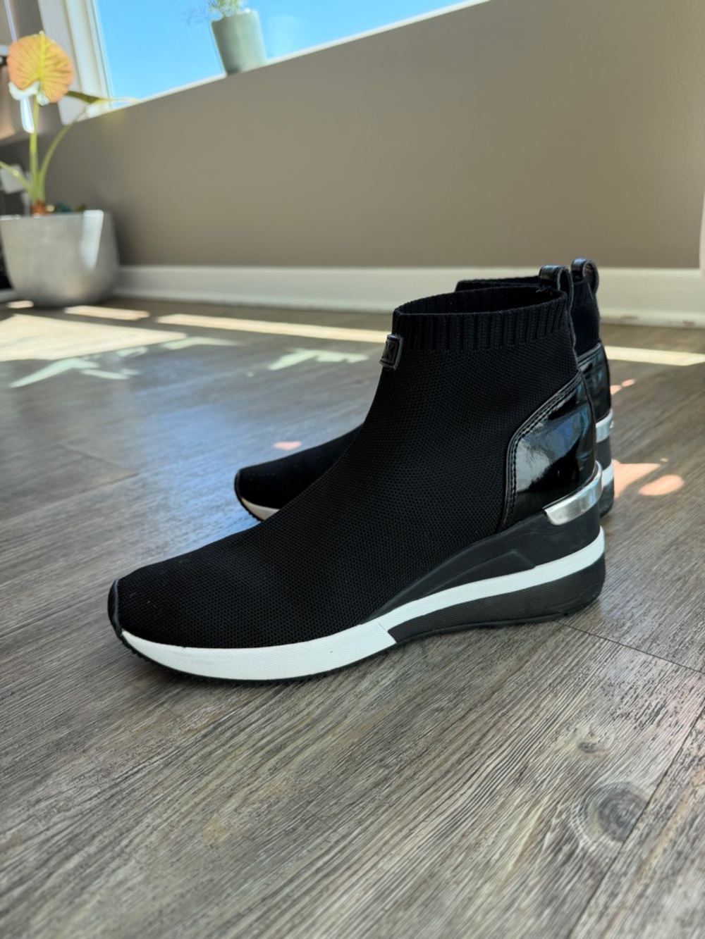 Michael Kors Black Knit Wedge Sock Sneaker with White Midsole